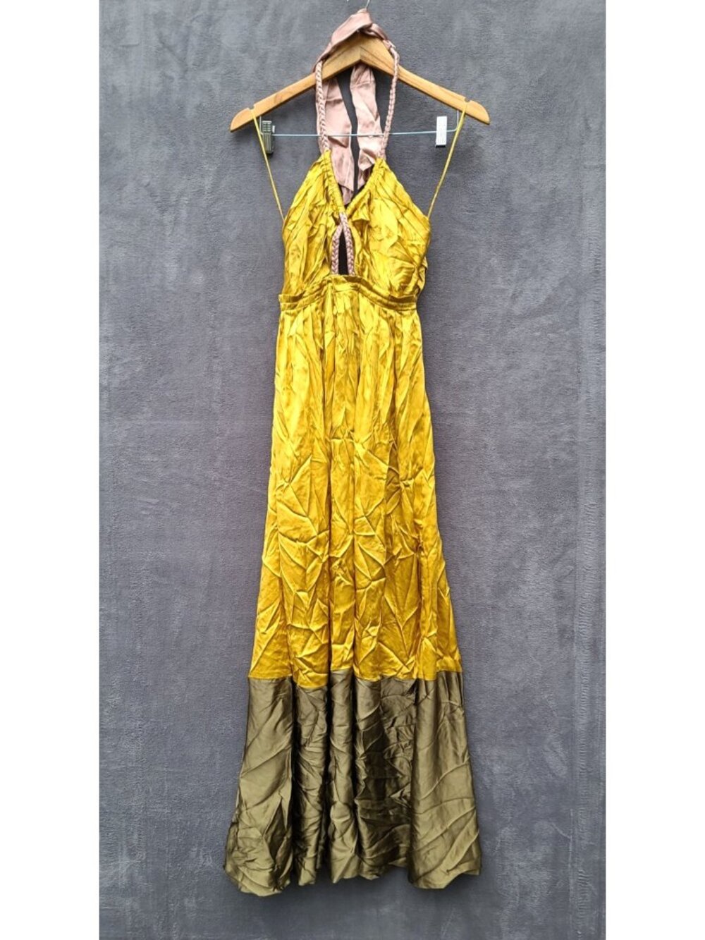 Anthropologie Silk Colorblocked Maxi Dress 2 Gold/Olive/Pink Halter Goddess NWT - Picture 2 of 10